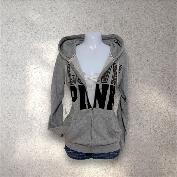 VS PINK “Love Pink” Grey & Black Zip Up Hoodie w/ Flower & Velvet Lettering Deta - Picture 2 of 7